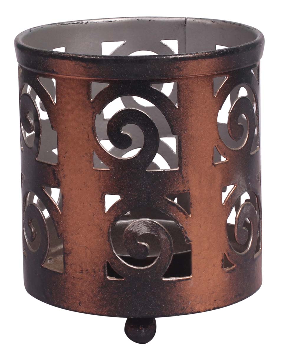 Round-Shaped Tea-Light Candle Holder - Handmade in Iron - Black, Copper & Silver Color Finish - Cut-Out Patterning - Metal Votive Candle Stands - Table-Top Decorations - Buy in Bulk Wholesale